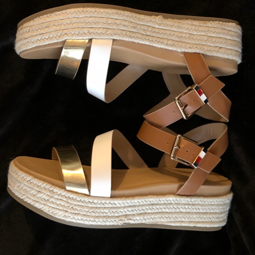 NWOT Tommy Hilfiger Tri-color Vegan 🌱 Leather Espadrille Jute Platform Sandals - Picture 4 of 11